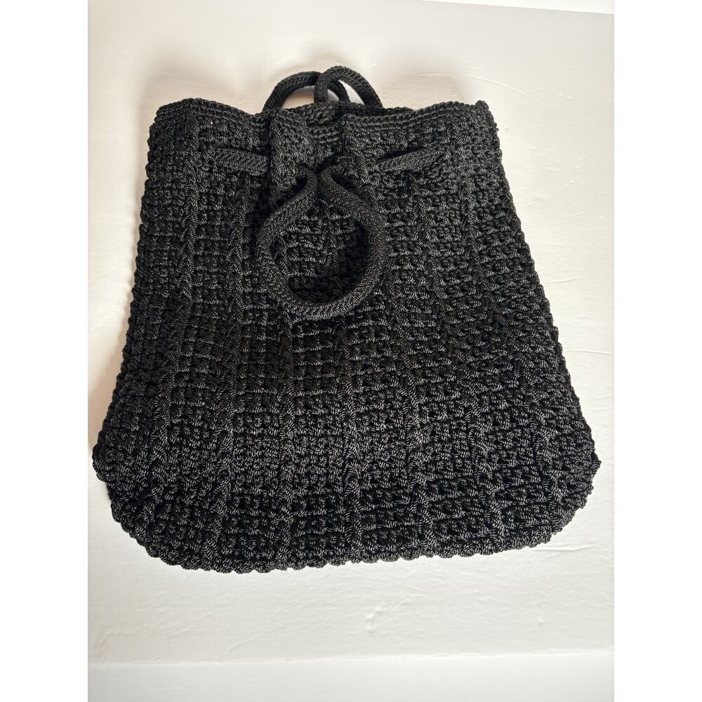 The Sak Crochet Knit Bucket Bag Purse Lined Backpack Black 12"